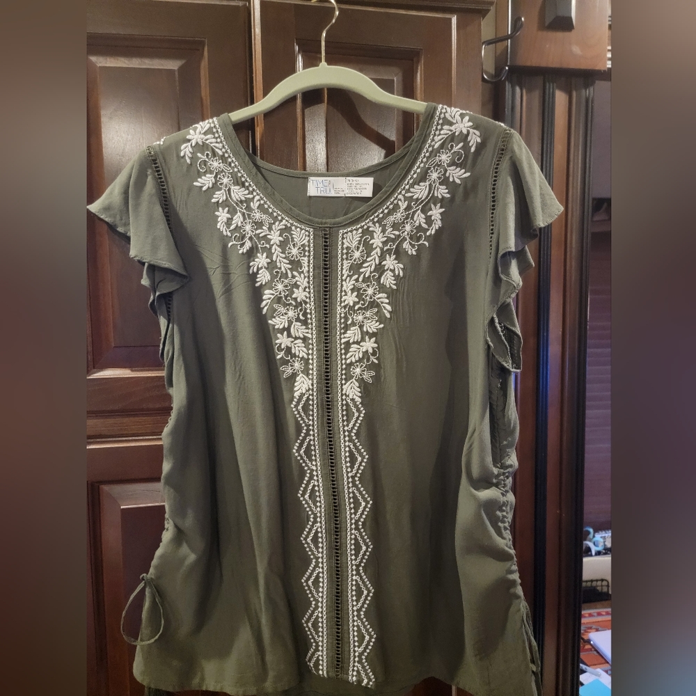 Medium Army Green and Cream Blouse